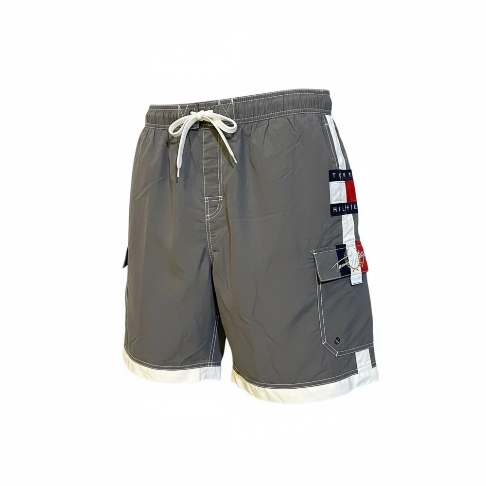 TOMMY HILFIGER XXL Gray Swim Trunks Bathing Suit Tommy Logos NWT R $42